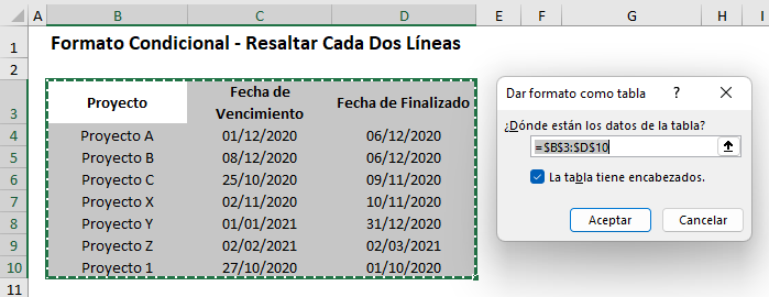 Dar Formato Como Tabla Cuadro de Diálogo en Excel