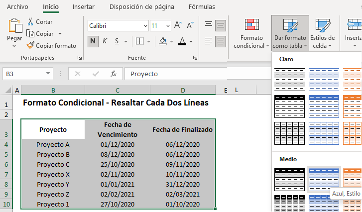 Dar Formato Como Tabla en Excel