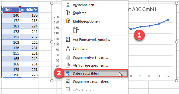 Daten auswählen zusätzliche Linie hinzufügen in excel