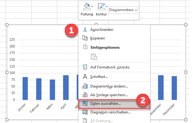 Daten für Achse auswählen in excel Diagramm