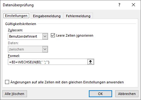 Datenueberpruefung leerzeichen vermeiden einstellungen