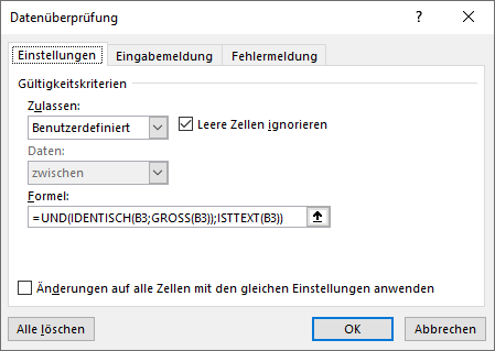 Datenueberpruefung nur grossgeschiebener text einstellungen