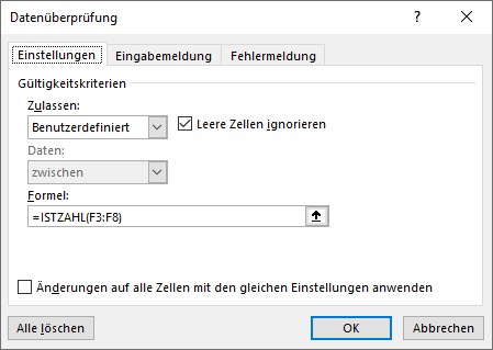 Datenueberpruefung nur zahlen einstellungen