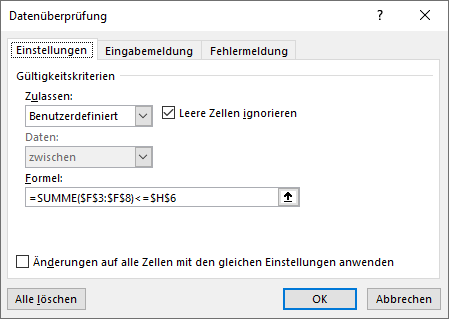 Datenueberpruefung summe nicht ueberschreiten einstellungen