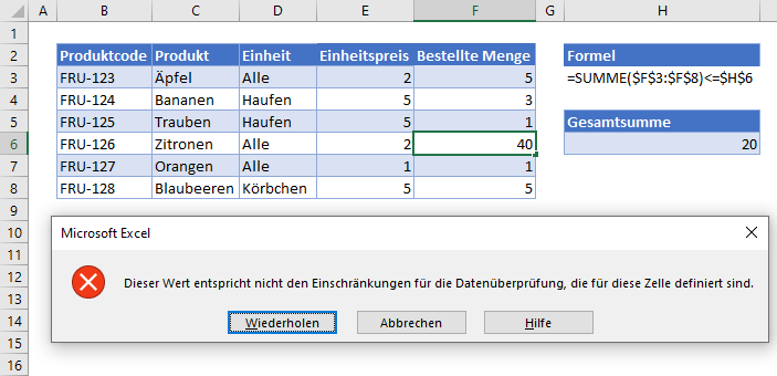 Datenueberpruefung summe nicht ueberschreiten fehlermeldung