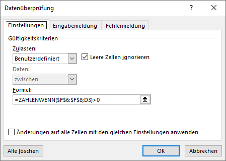 Datenueberpruefung wert existiert nicht in liste einstellungen