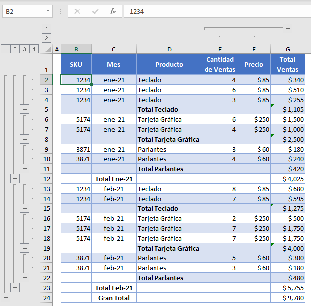 Datos Agrupados con Autoesquema en Excel