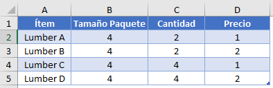 Datos Función SUMAPRODUCTO 3 Columnas en Excel