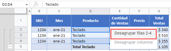 Desagrupar Filas 2-4 en Google Sheets