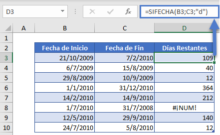 Días Restantes Usando Función SIFECHA en Excel