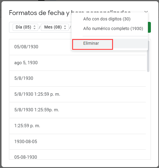 Eliminar Campo de Formatos de Fecha en Google Sheets