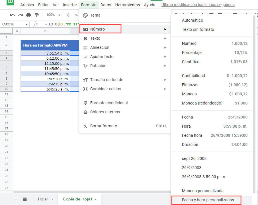 Fecha Hora Personalizadas en Google Sheets