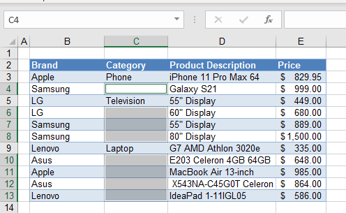 FillBlanks select cells