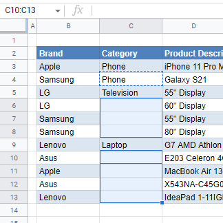 FillBlank gs selected cells