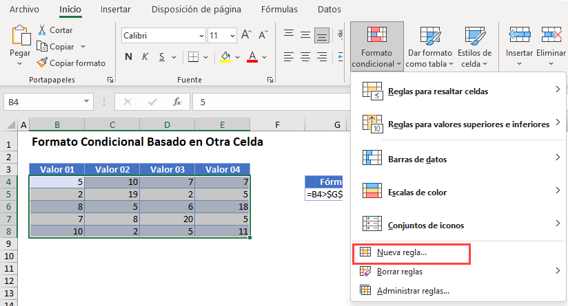 Formato Condicional Basado en Otra Celda Paso1 en Excel