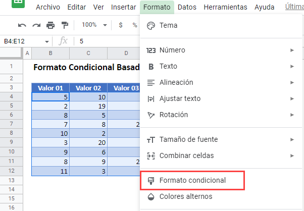 Formato Condicional Basado en Otra Celda Paso1 en Google Sheets