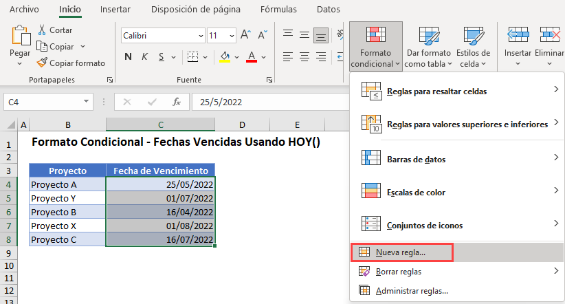 Formato Condicional Fechas Vencidas en Excel Nueva Regla