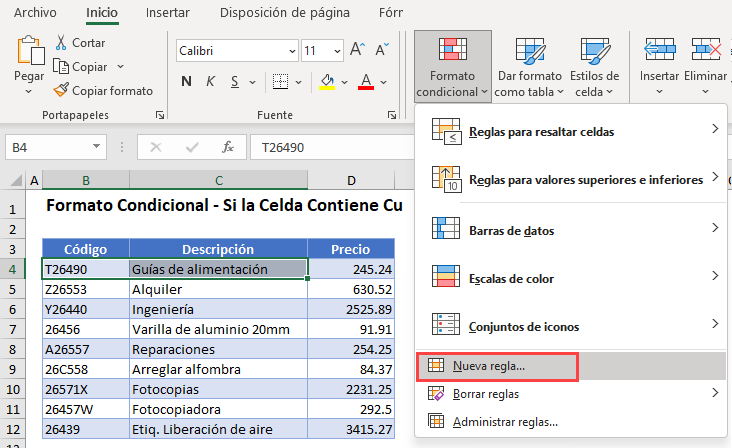 Formato Condicional Si Celda Contiene Texto en Excel Paso1