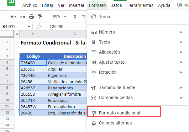 Formato Condicional Si Celda Contiene Texto en Google Sheets Paso1