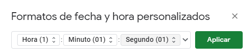 Formato con Hora Minutos Segundos Seleccionado en Google Sheets