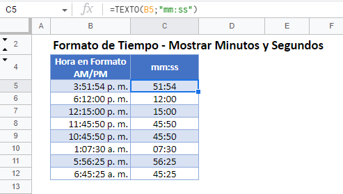 Formato con Minutos Segundos Función Texto en Google Sheets