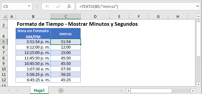 Formato de Tiempo Mostrar Minutos y Segundos en Excel
