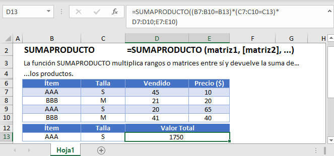 Fórmula SUMAPRODUCTO en Excel