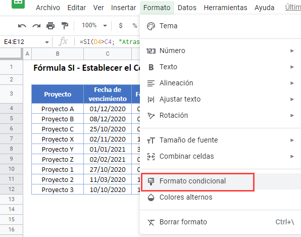 Formula Si Formato Condicional en Google Sheets