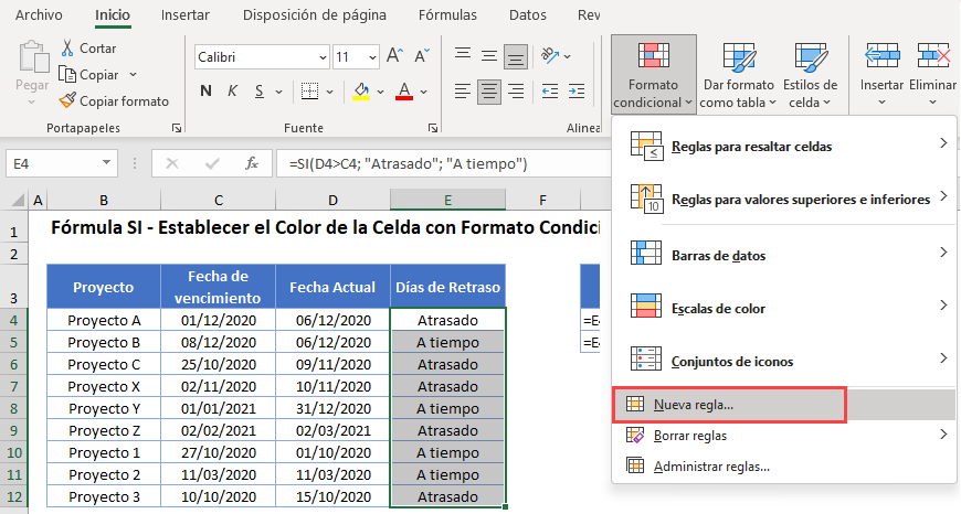 Formula Si Opción Nueva Regla Formato Condicional en Excel