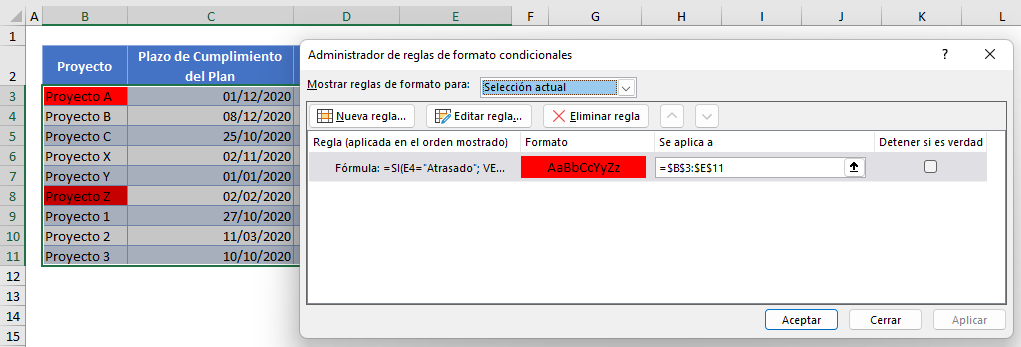 Fórmula de Prueba para Resaltar una Fila en Excel Ejemplo1