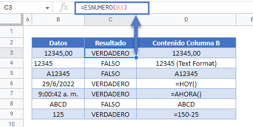 Función ESNUMERO en Google Sheets