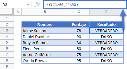 Función Y en Google Sheets