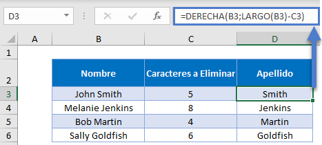 Funciones Derecha Largo en Excel