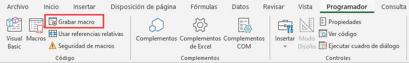 Grabar Macro Menú Programador en Excel