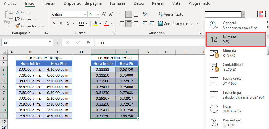 Hora en Formato Numérico en Excel