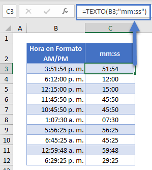 Hora en Formato-mm:ss Función Texto en Excel