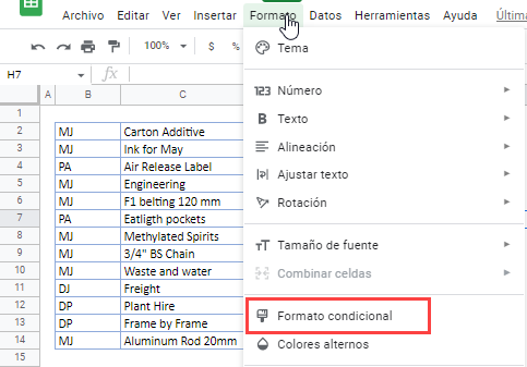 Menú Formato Condicional en Google Sheets