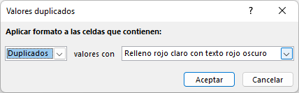 Menú Valores Duplicados en Excel