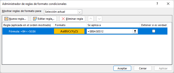 No Es Igual a Administrador de Reglas en Excel