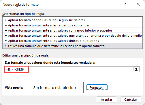 No Es Igual a Nueva Regla de Formato en Excel