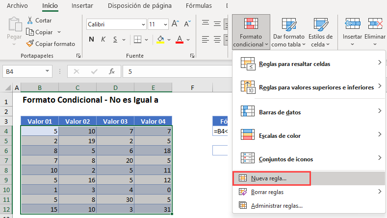 No Es Igual a Opción Nueva Regla en Excel