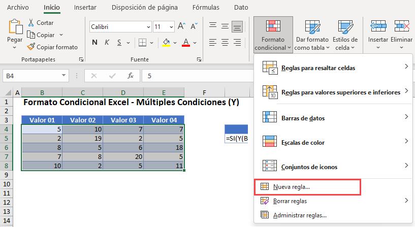 Nueva Regla Formato Condicional Múltiples Condiciones en Excel
