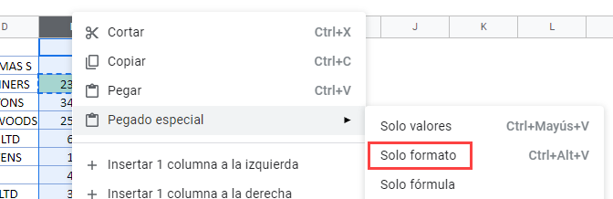 Pegar Solo Formato en Google Sheets