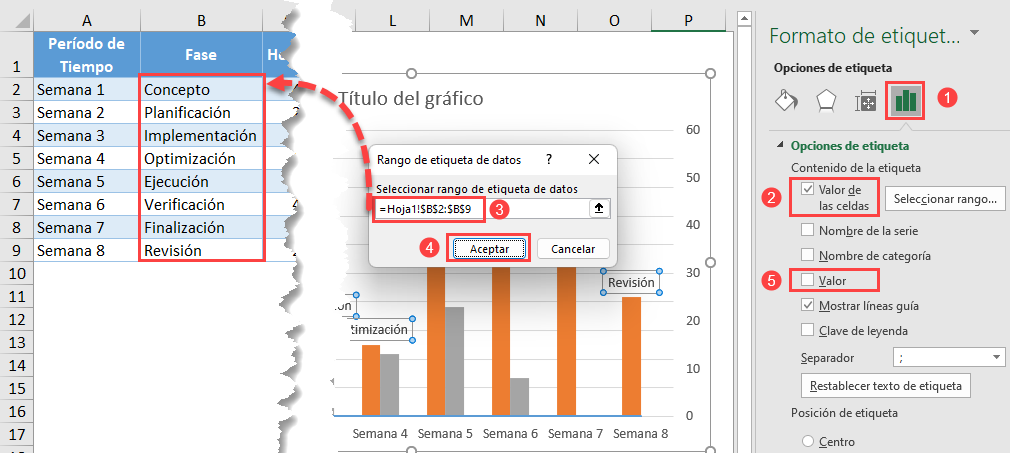 Personalizar Etiqueta de Datos Gráfico de Línea de Tiempo