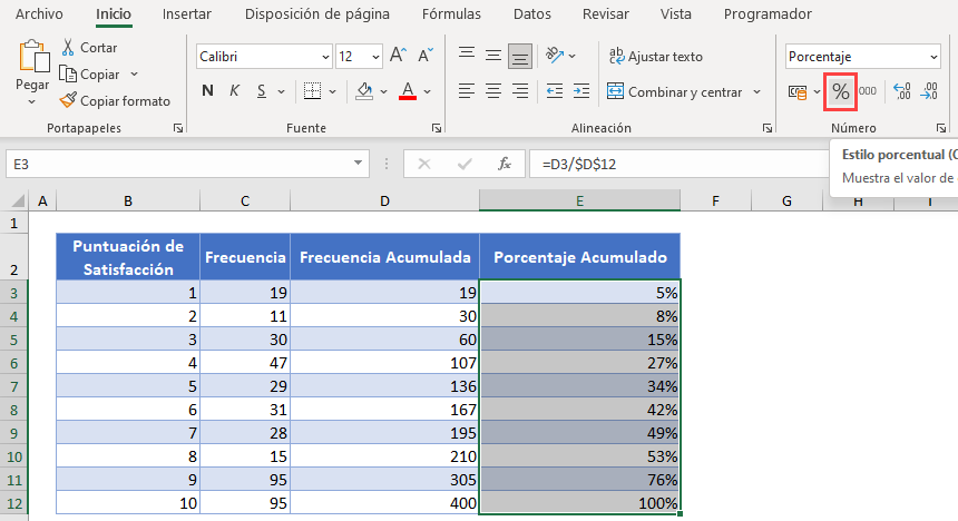 Porcentaje Acumulado Formato Porcentual en Excel
