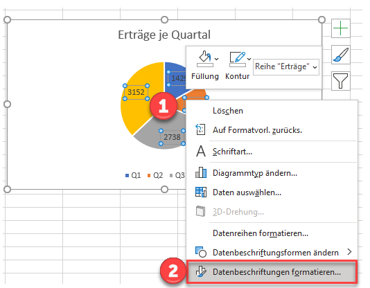 Prozente zu Tortendiagramm hinzufügen in Excel