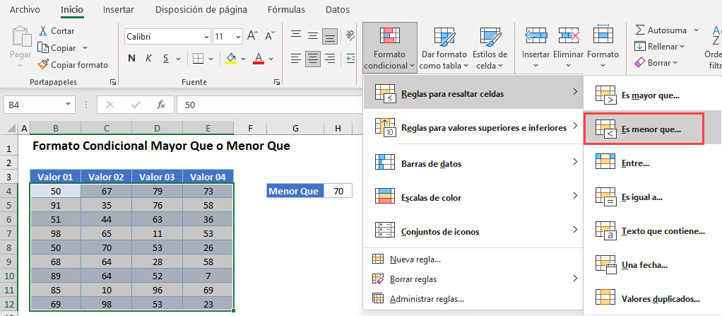 Regla Es Menor Que en Excel