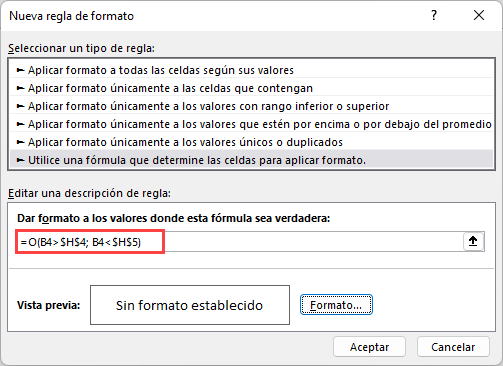 Regla Función Personalizada Función O en Excel