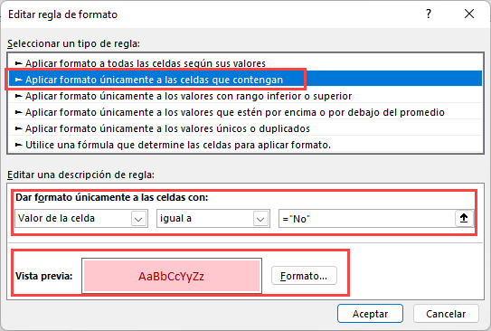 Regla de Formato Condicional en Excel