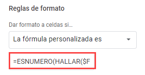 Regla de Formato Formula Personalizada Esnumero Hallar en Google Sheets